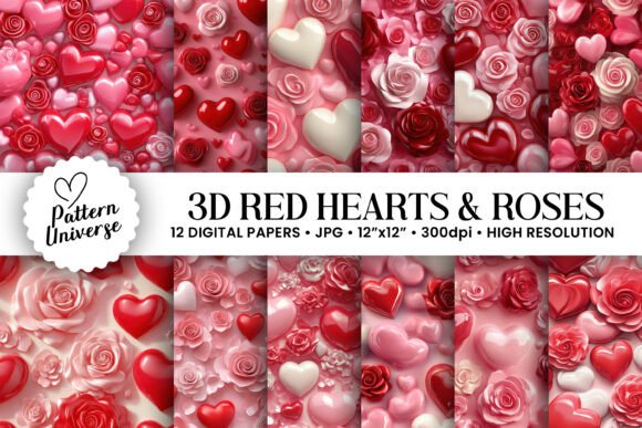 3D Hearts Roses Seamless Patterns for Creative Projects