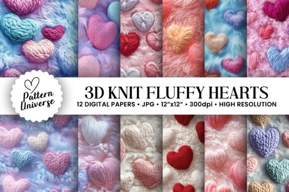 Knitted 3D Fluffy Hearts Patterns: Creative Digital Resources for Crafting Enthusiasts