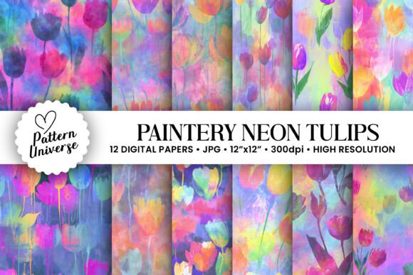Painterly Neon Tulip Flowers Patterns: Vibrant Digital Papers for Creative Projects