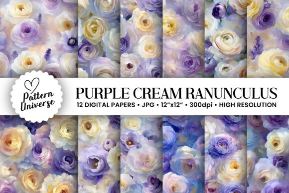 Purple Cream Ranunculus Flowers Patterns: A Versatile Design Resource for Creative Projects