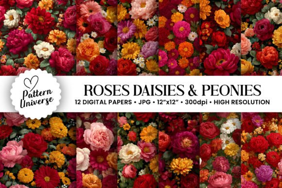 Roses Daisy and Peony Flowers Patterns: A Versatile Digital Asset for Creative Projects
